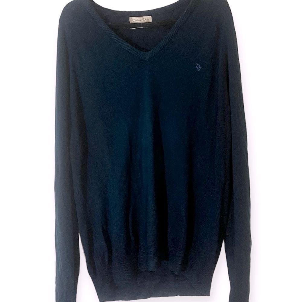 Christian Dior Vintage Monsieur V-Neck Sweater XL Blue Embroidered Logo 80s 90s